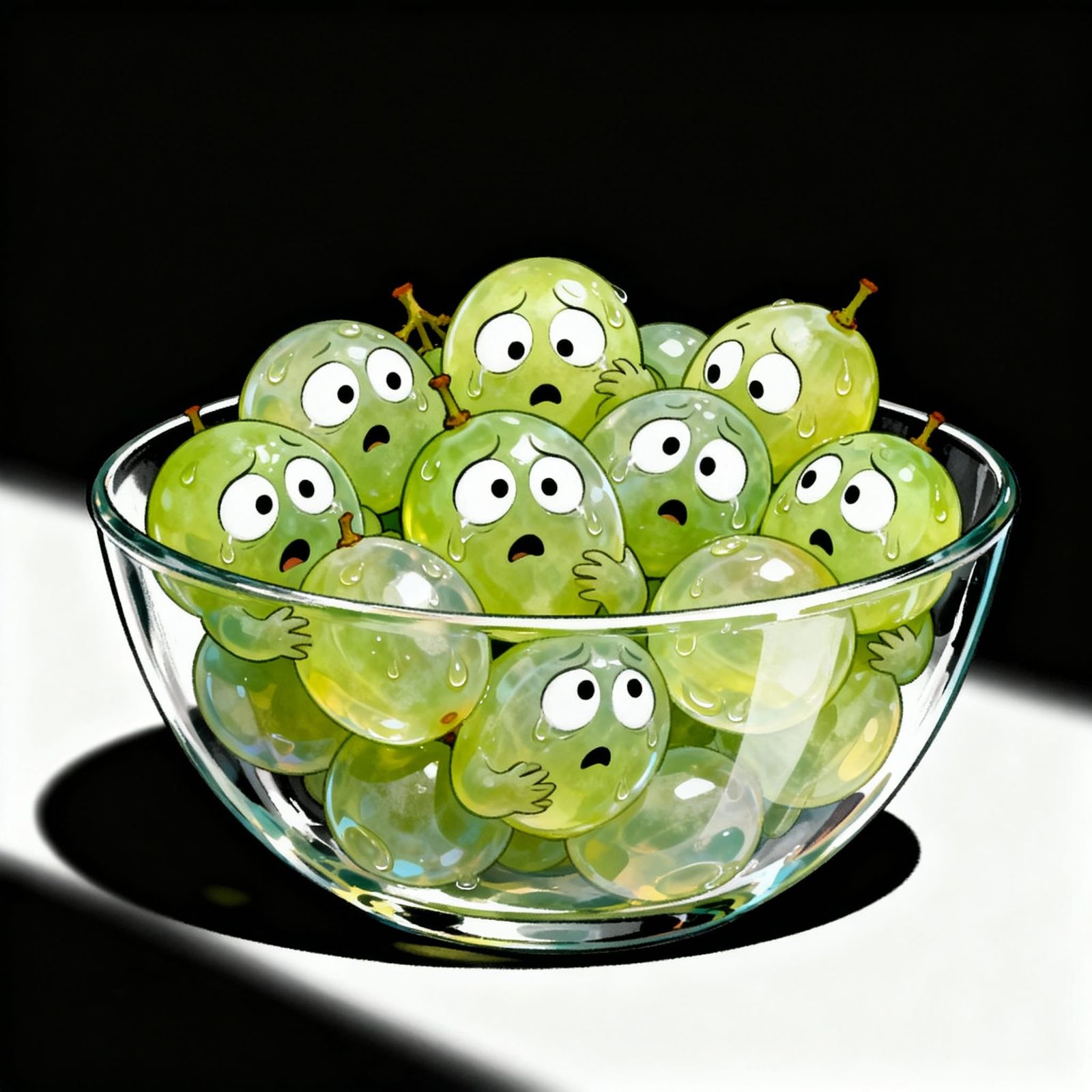 Terrified Grapes in Glass Bowl, Cartoon Style