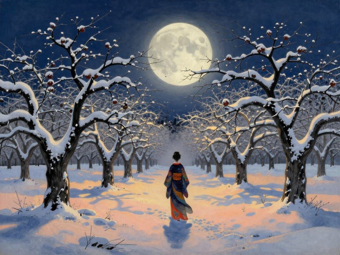 Ethereal Winter Orchard with Mysterious Woman