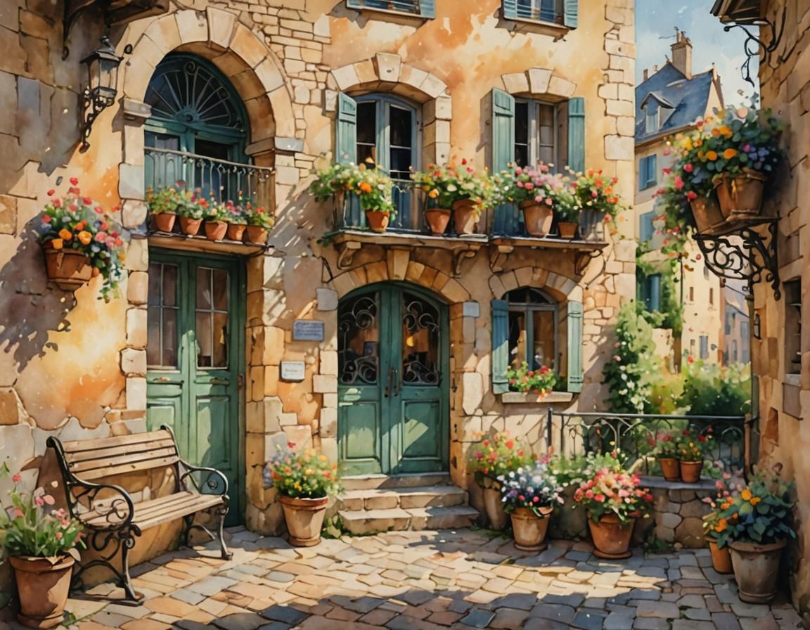 Idyllic French Village in Impressionistic Watercolor Style