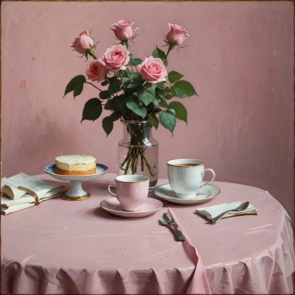 Still Life in Pink Room, Classical Painting Style