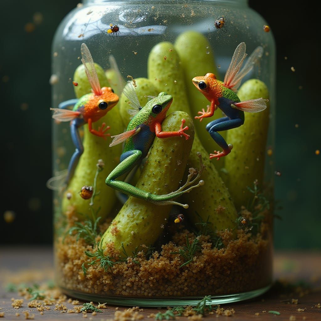 Poison Dart Frogs in Pickle Jar, Hyper-Realistic
