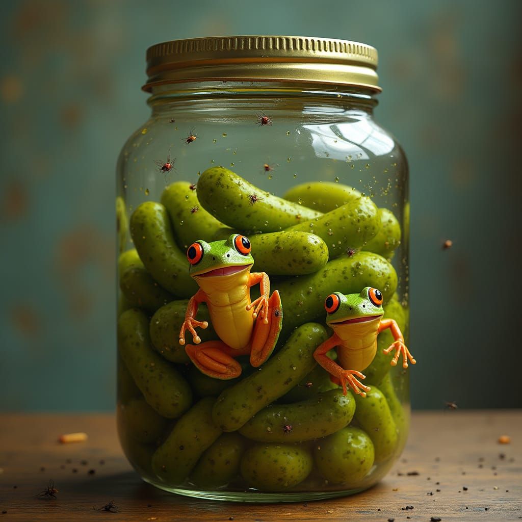 Poison Dart Frogs in Pickle Jar, Hyperrealistic Style