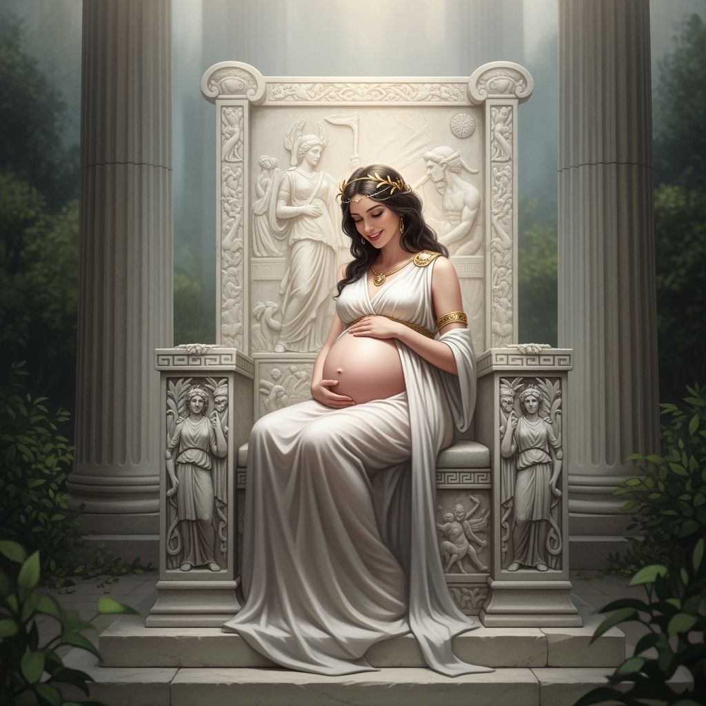 Pregnant Rhea, Greek Goddess on Marble Throne