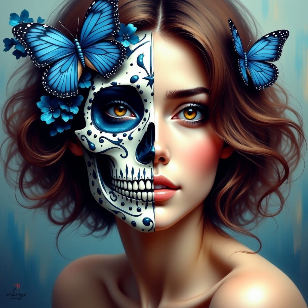 Sugar Skull Woman with Death Butterflies in Surreal Style