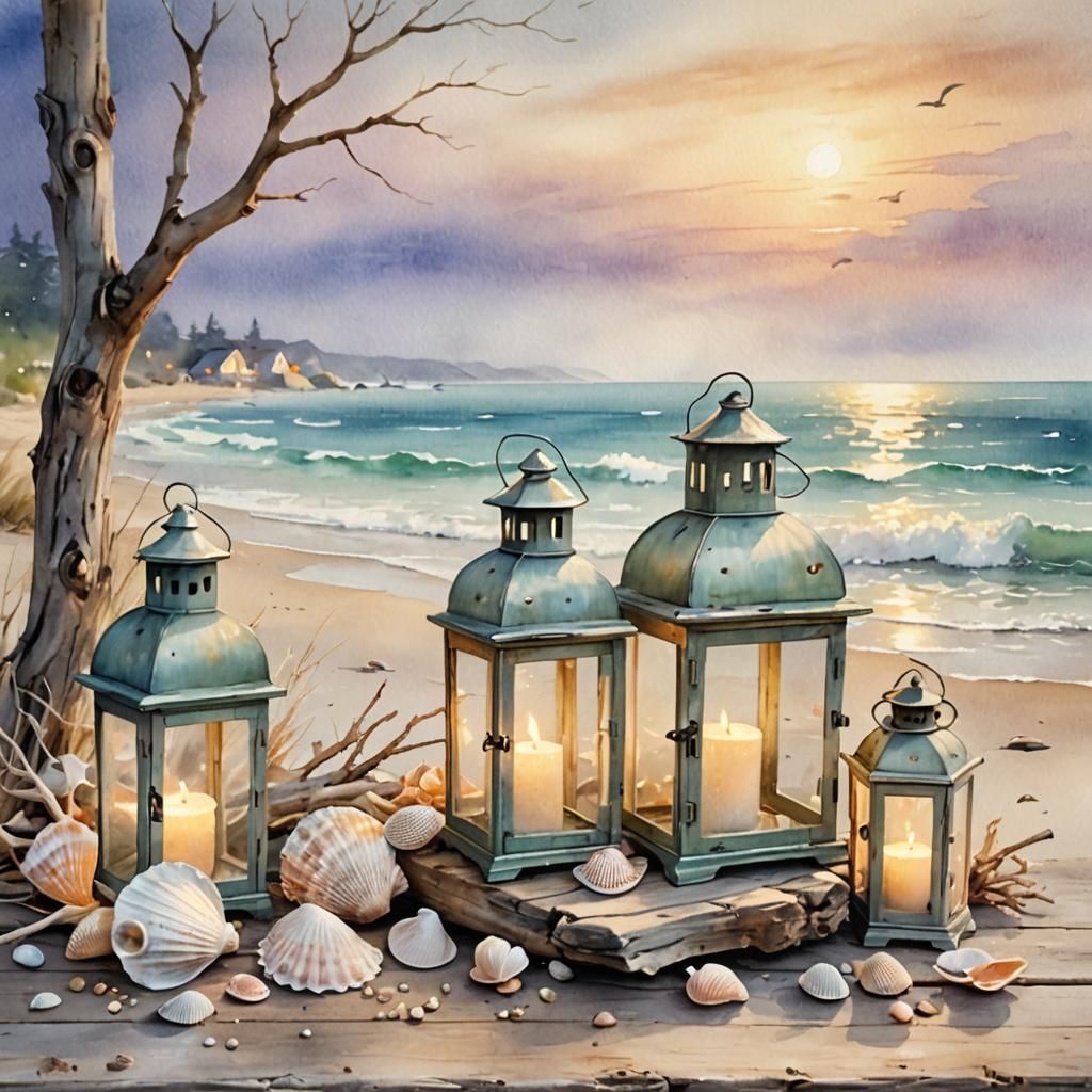 Whimsical Coastal Scene in Dreamy Watercolor Style