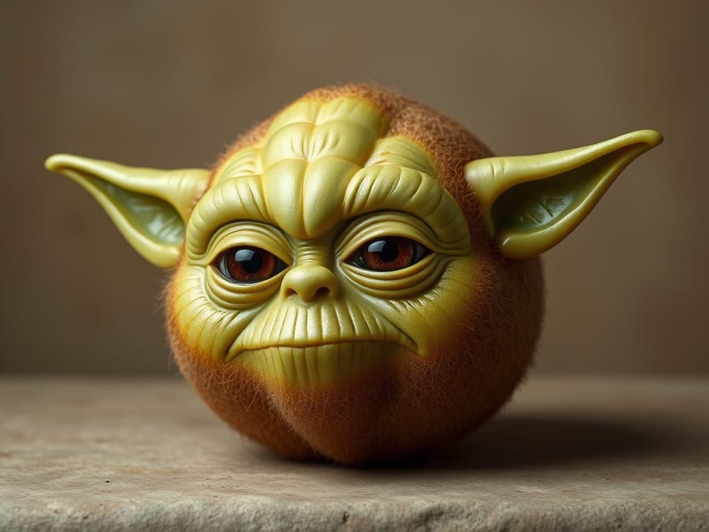 Lifelike Kiwi Yoda in Hyper-Realistic Still Life