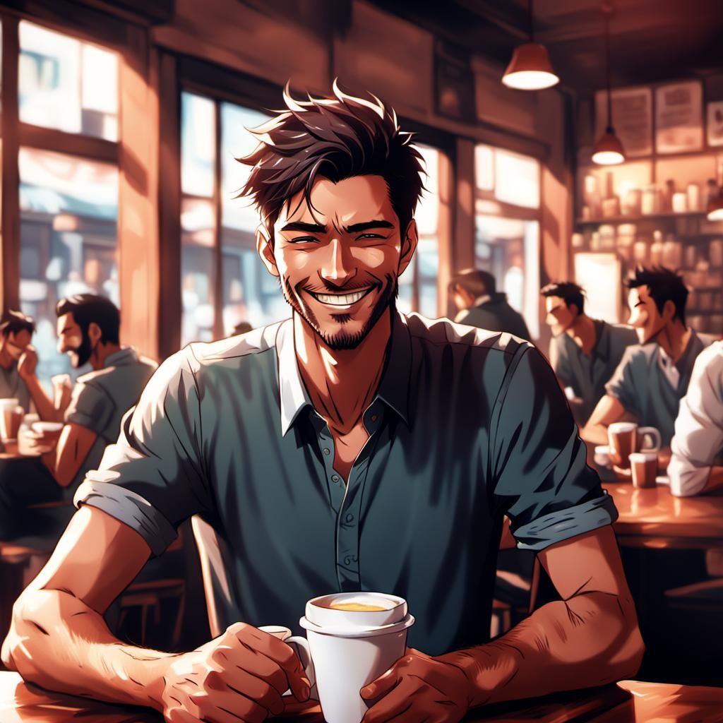 Smiling Young Man in Cafe: Cel-Shaded Anime Art
