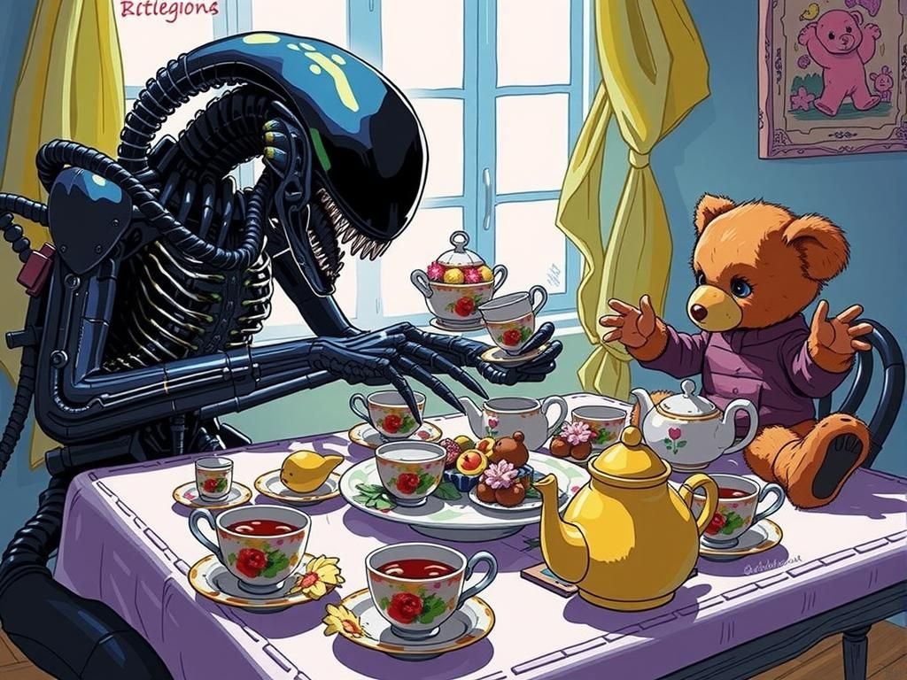 Xenomorph Tea Party in Comic Book Style