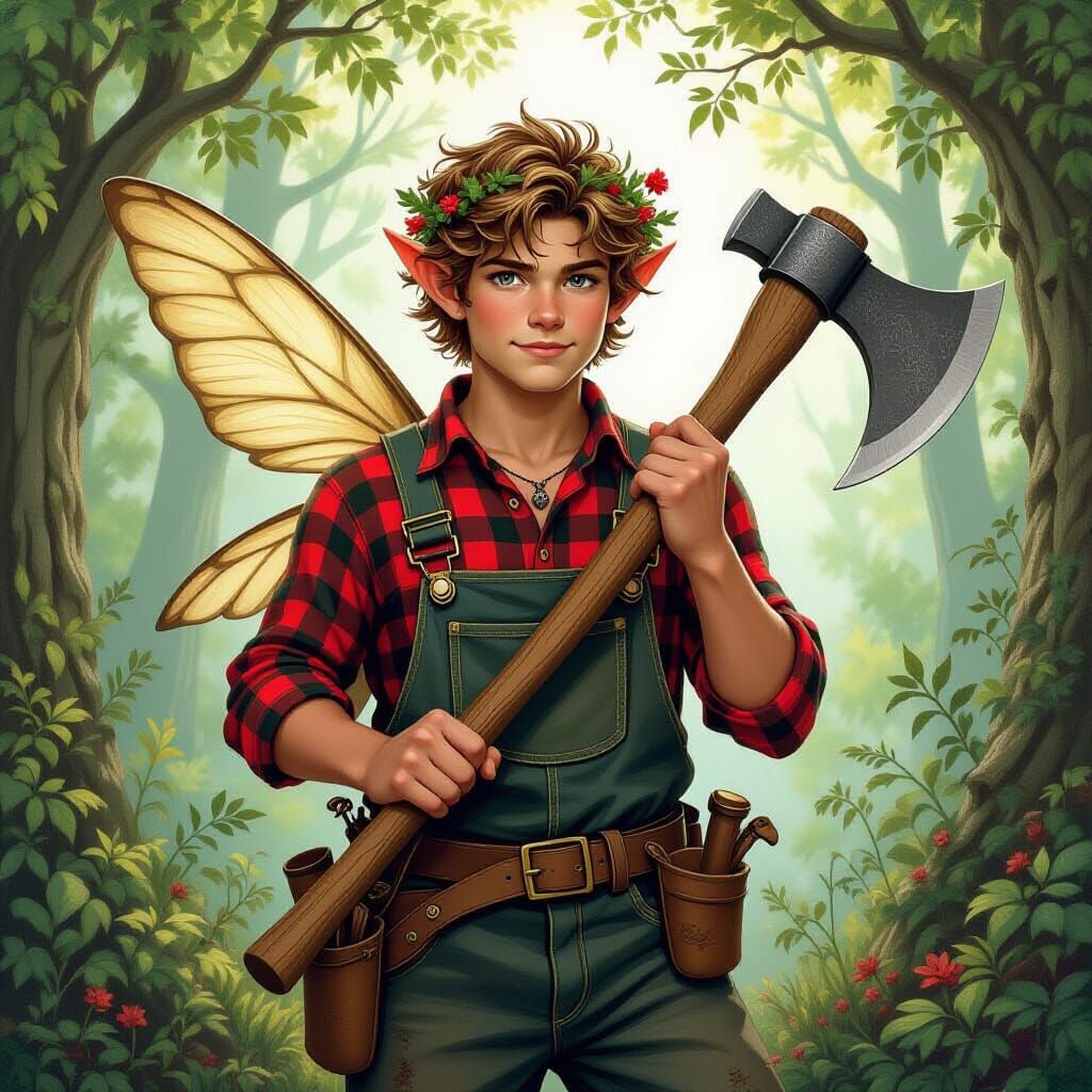 Lumberjack Fairy in Whimsical Forest Art