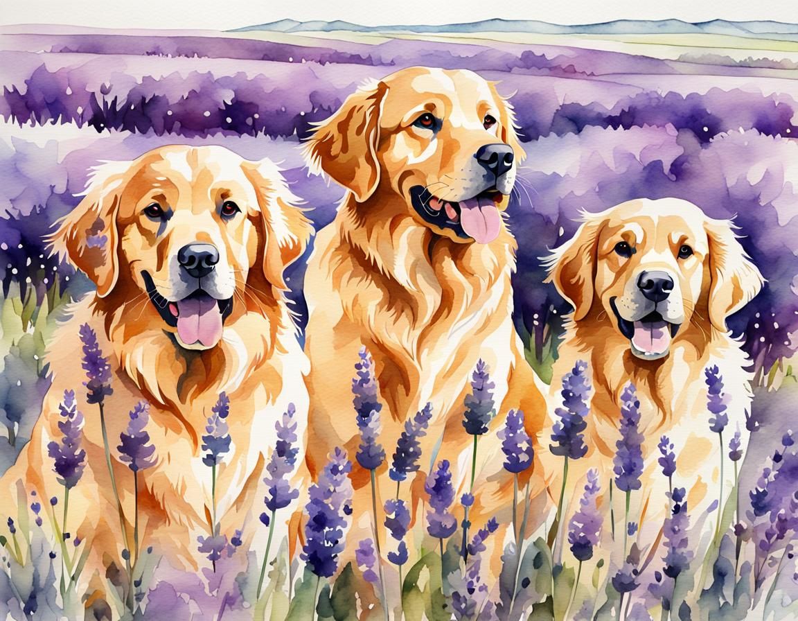 Watercolor Golden Retrievers in Lavender Field