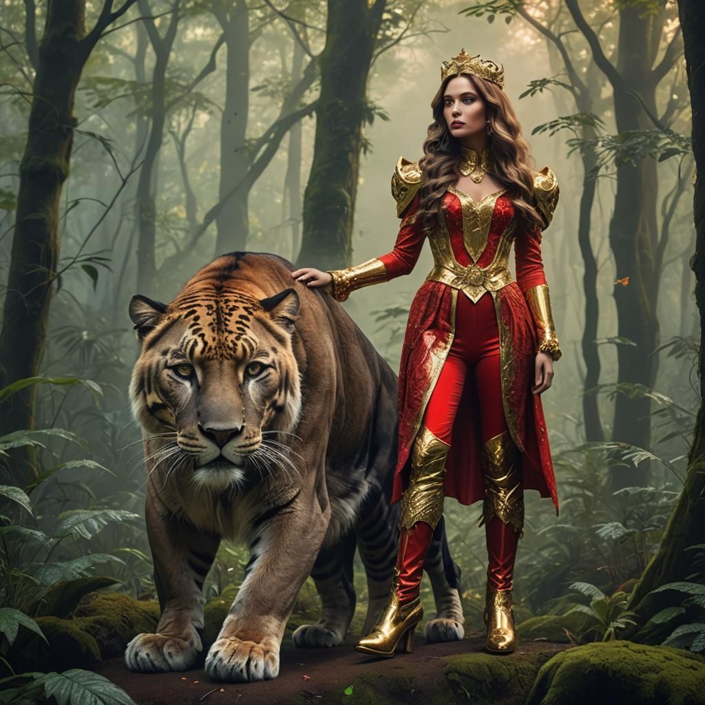 Woman and Panther in Misty Forest, Steampunk Art