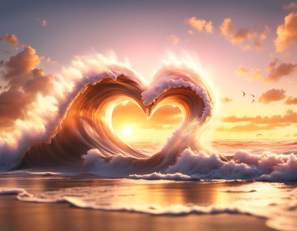 Heart-Shaped Wave Crashing at Sunset: Concept Art