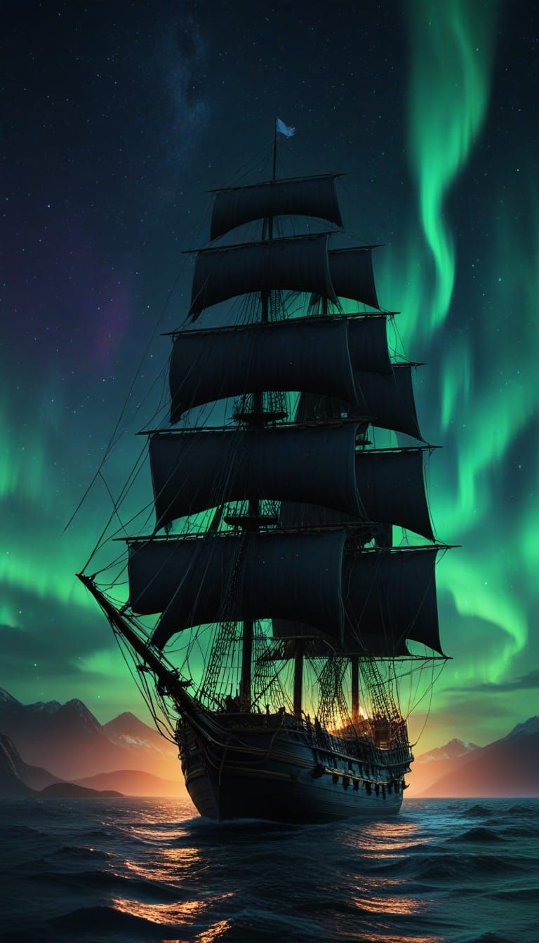 Mystical Black Pearl Sails Under Celestial Northern Lights