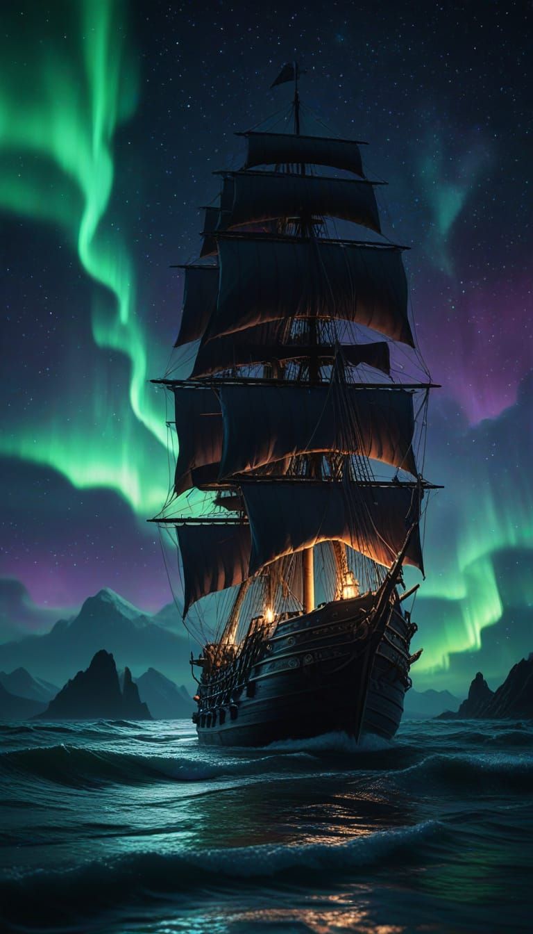 Pirate Ship Sails Under Northern Lights