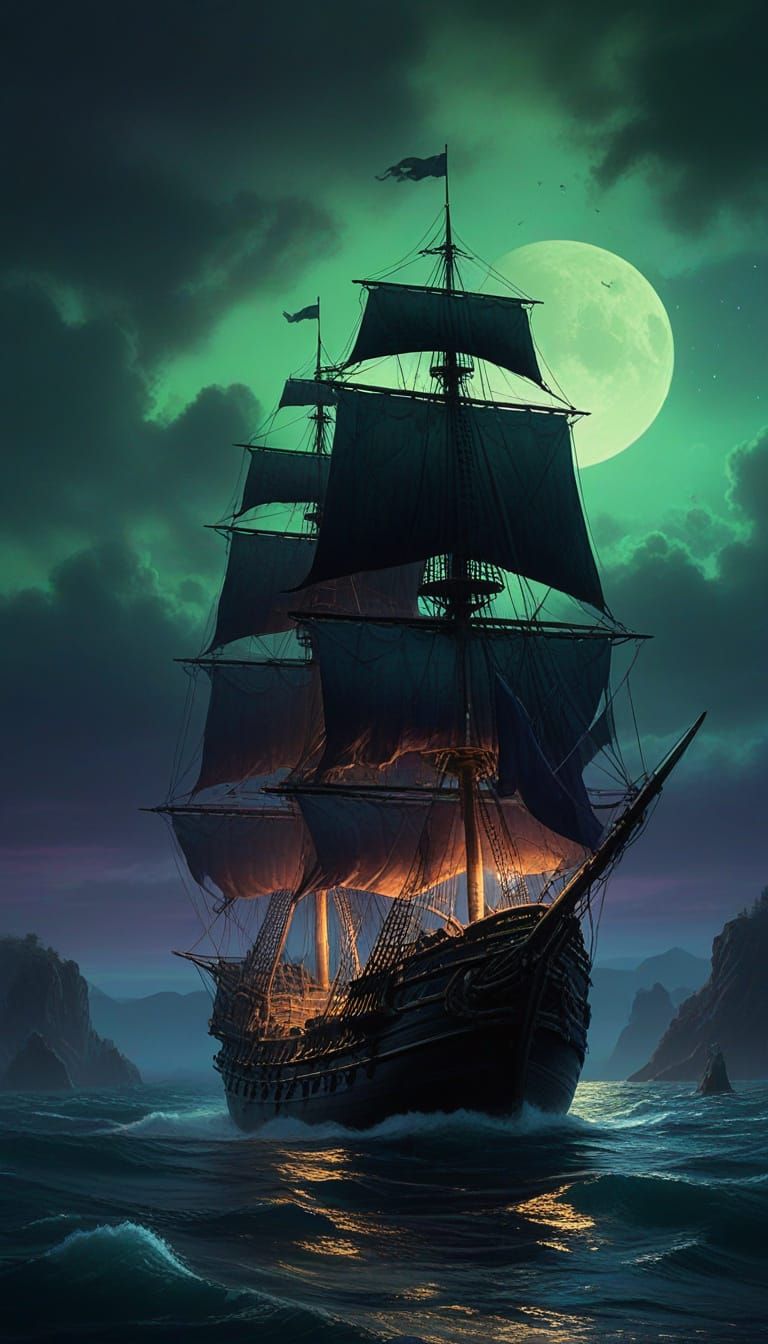 Mystical Pirate Ship Sails Under Celestial Display