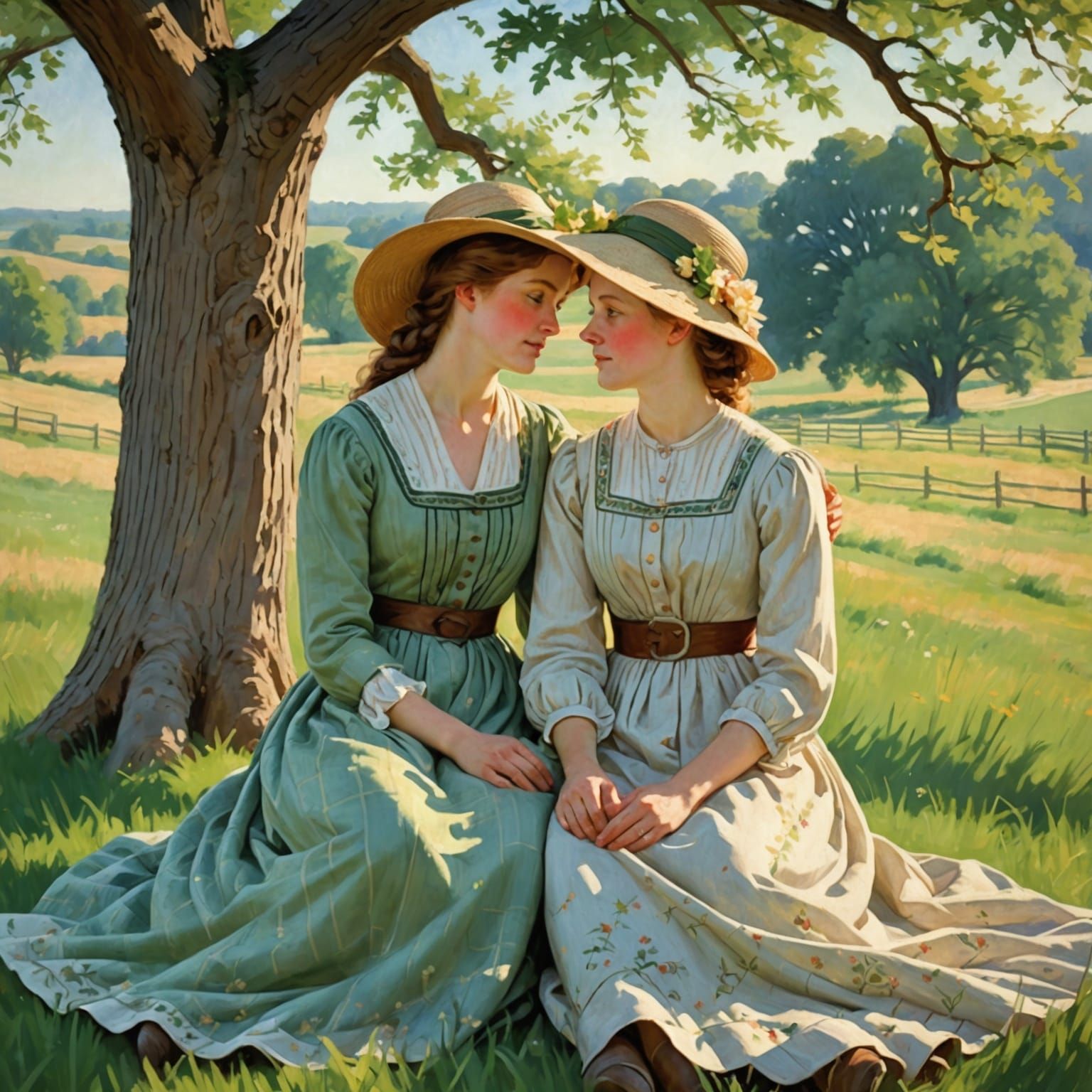 Art by Mary Cassatt, serene prairie landscape, FF couple, pi...