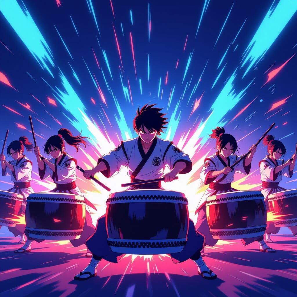 Electrifying Anime Taiko Drummers in Neon Light