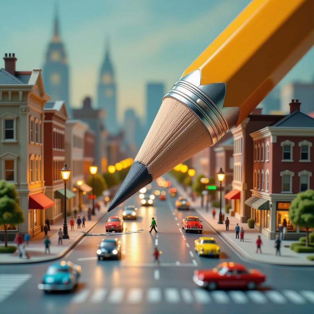 Giant Pencil Reveals Miniature City Diorama in Surreal Water...