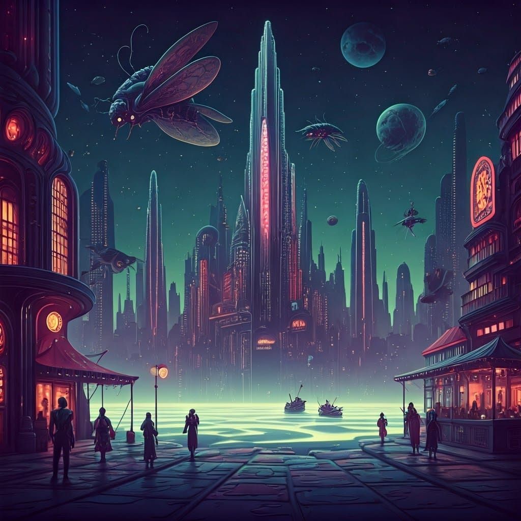 Surreal Cosmic Metropolis in Vibrant Retro-Futuristic Style