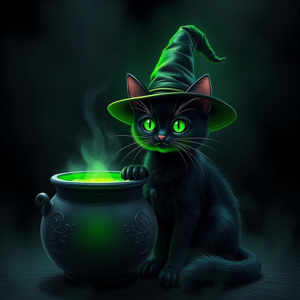 Whimsical Witch Cat with Cauldron, Matte Painting