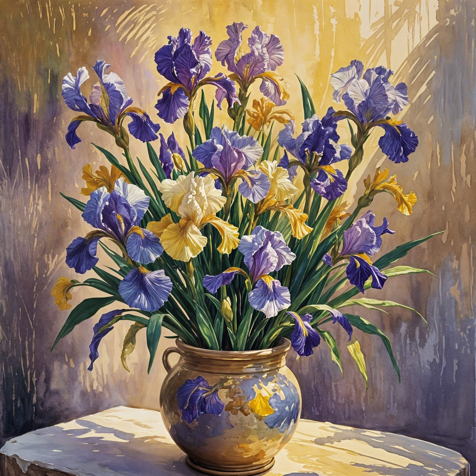 Iris Flowers in Gouache Style at Golden Hour