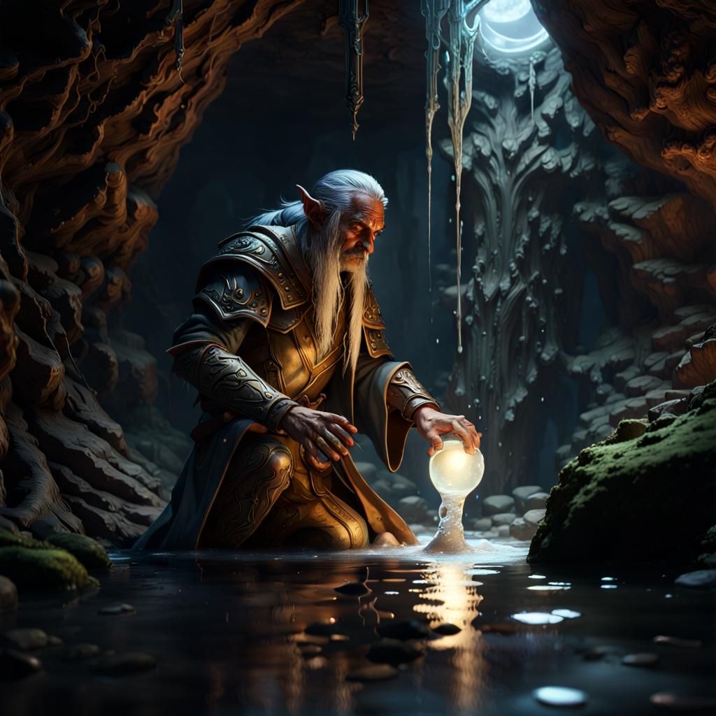 Wood Elf Cleric in Dark Cave: Fantasy Art