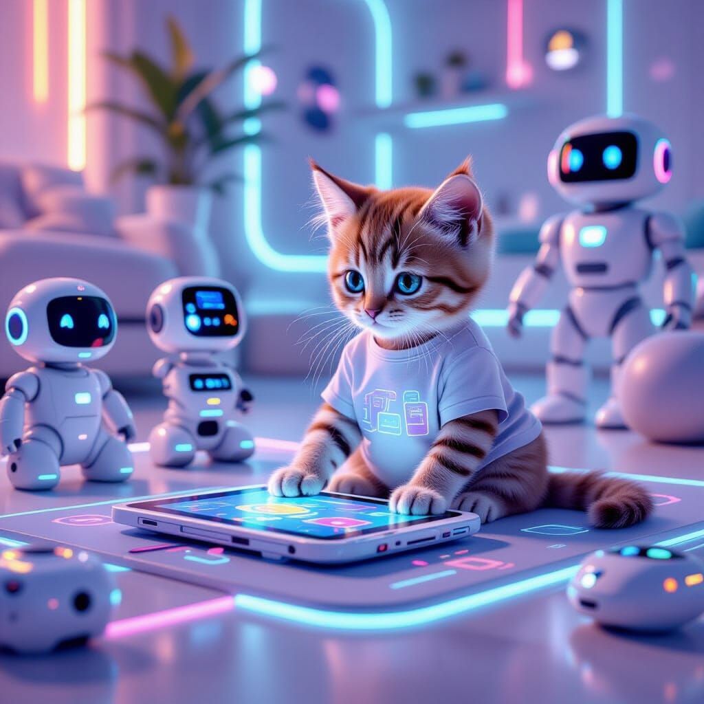 Gen Alpha Kitten in High-Tech Sci-Fi Room