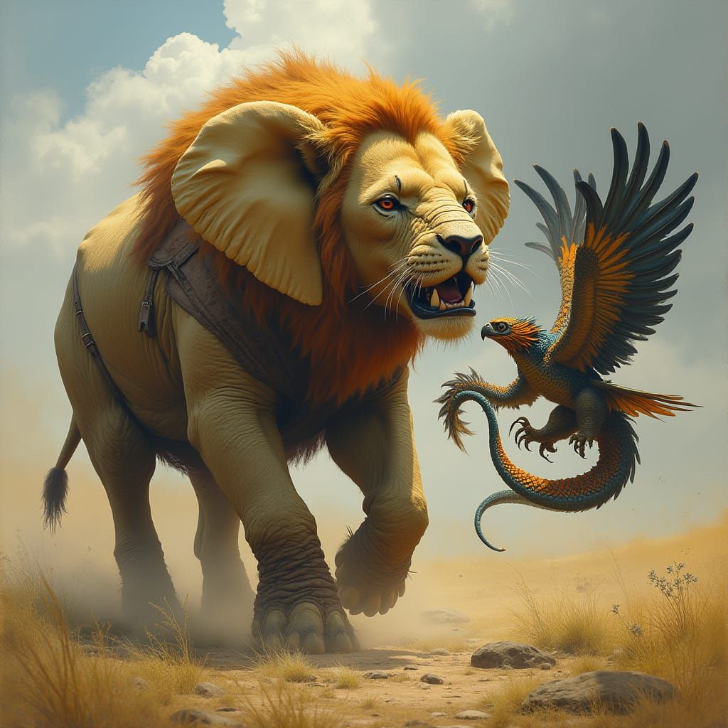 Hybrid Elephant-Lion Battle Serpent-Eagle Chimera