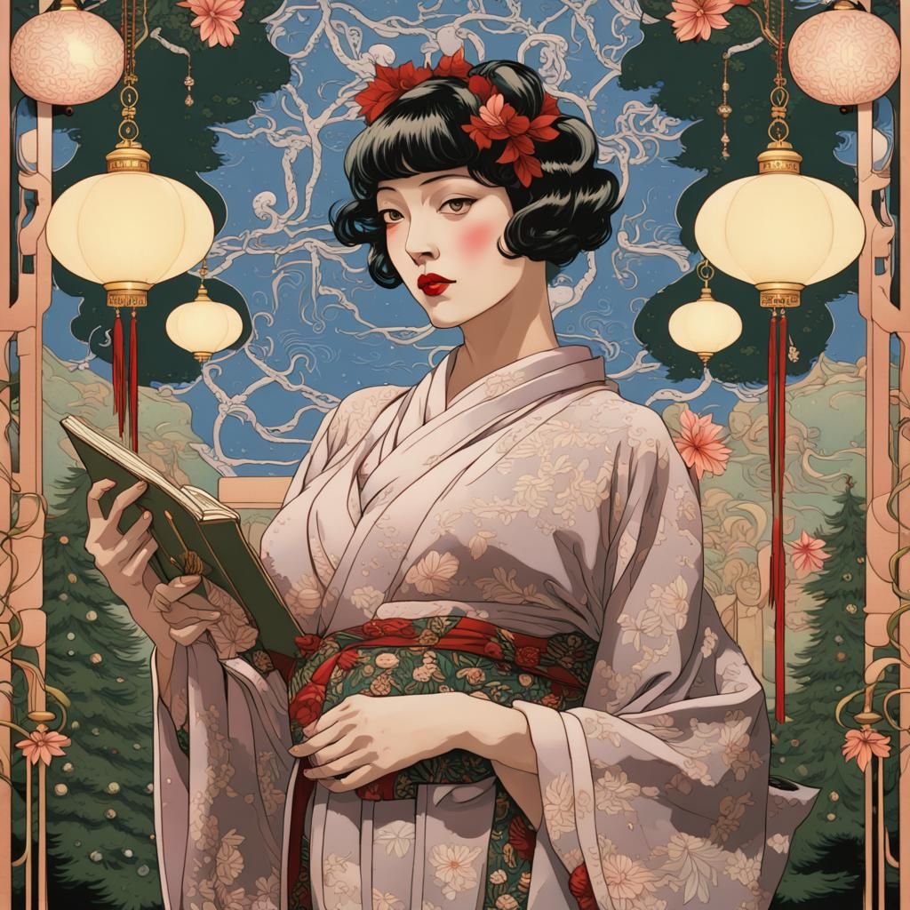 16k resolution, art inspired by Taisho Romanticism, Shojo no Tomo, Art Nouveau, Jugendstil, Pre-Raphaelites, Art Deco. U...