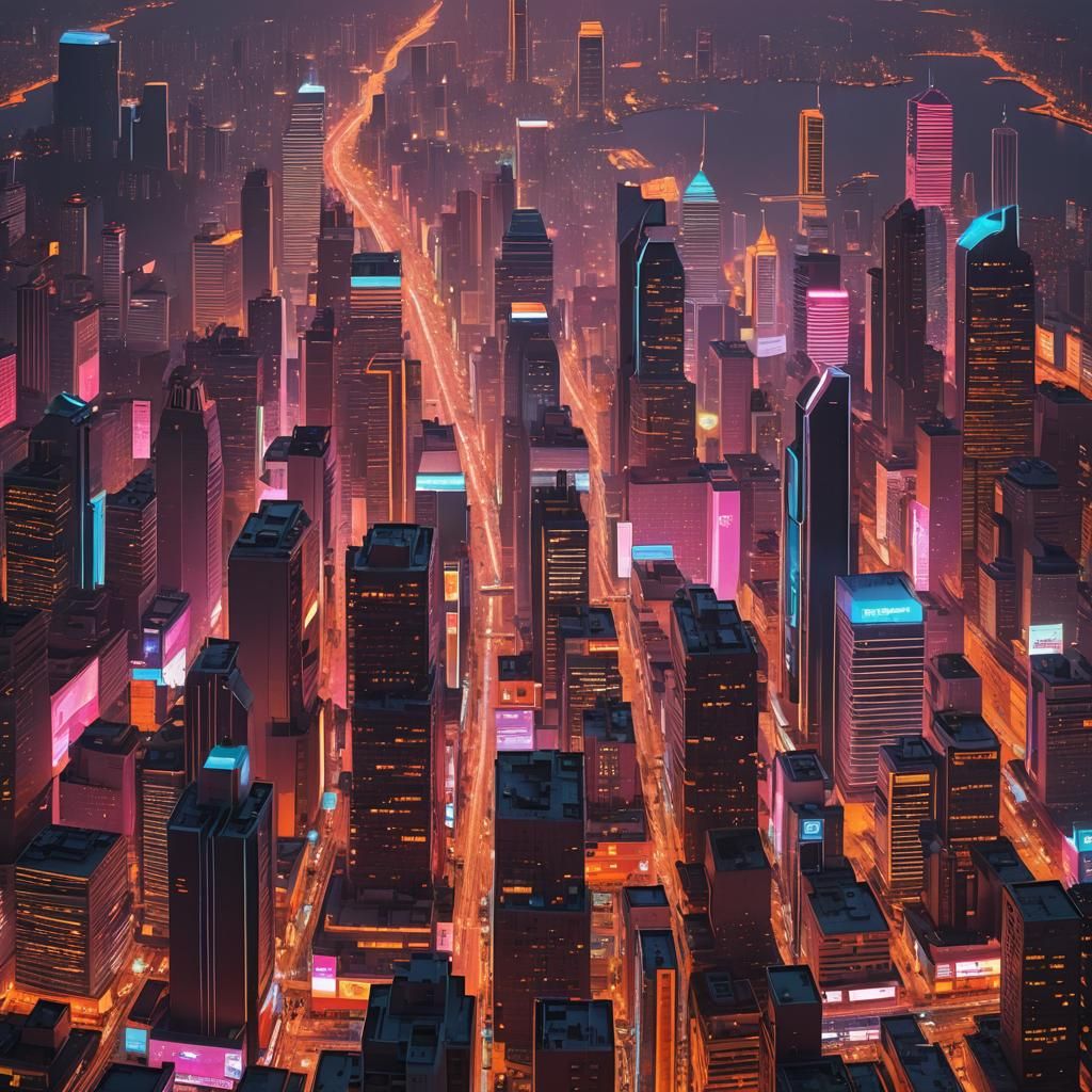 Retro-Futuristic Cityscape at Sunset in Neon Lights