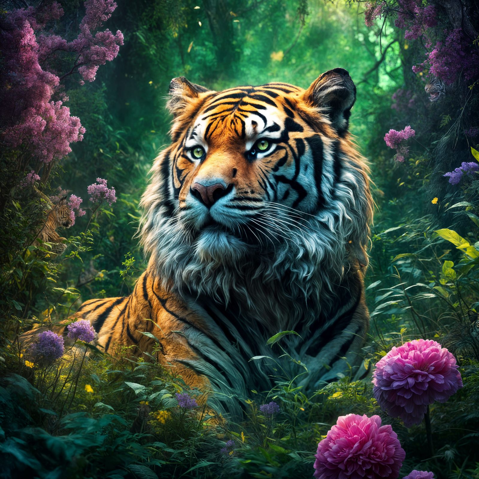 Gentle Tiger in Forest of Flowers