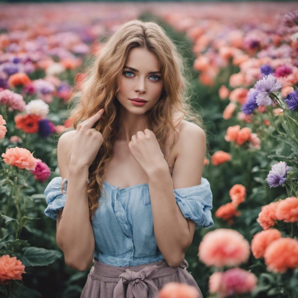 Blue-Eyed Girl in a Flower Farm