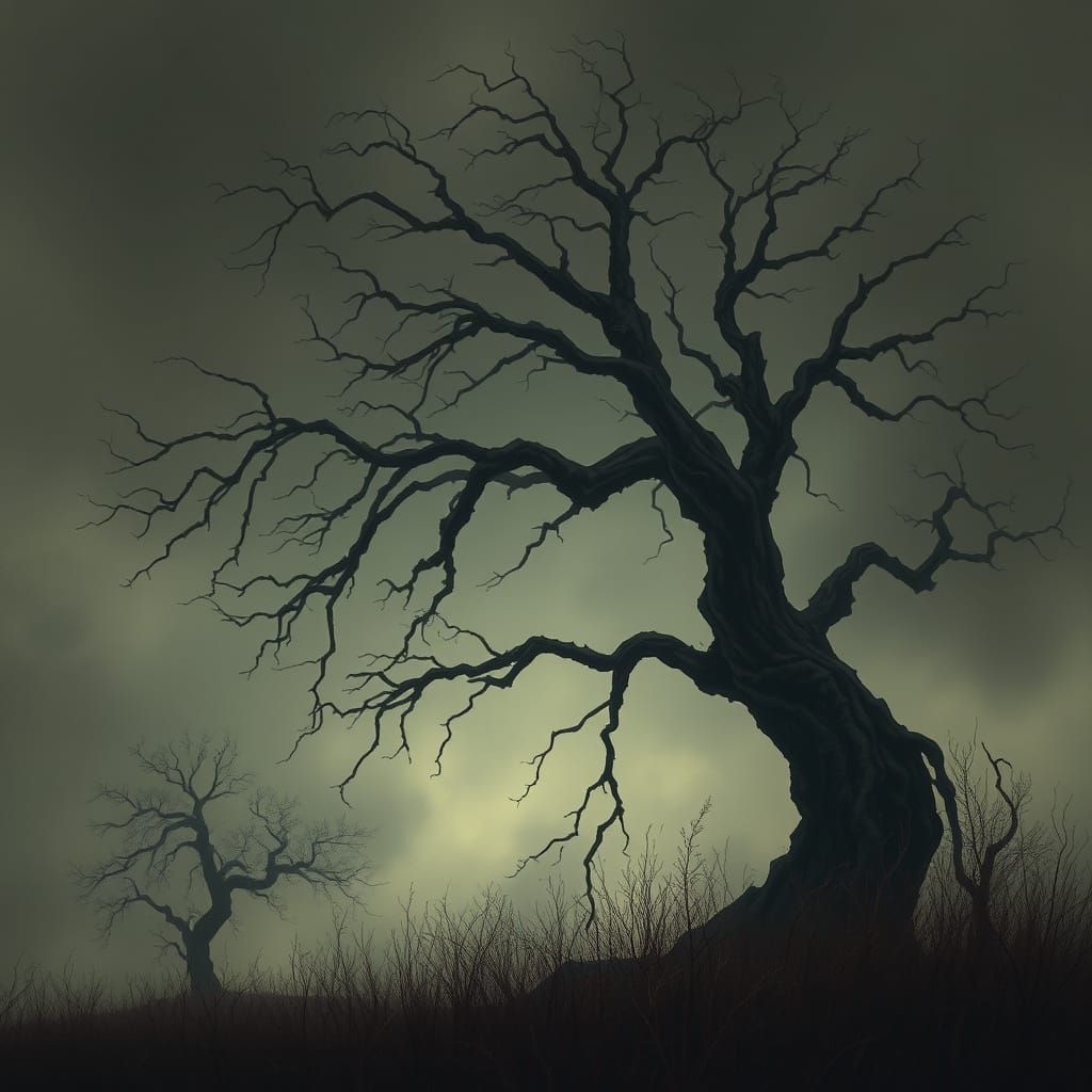 Eerie Tree in Misty Landscape, Dark Fantasy Art