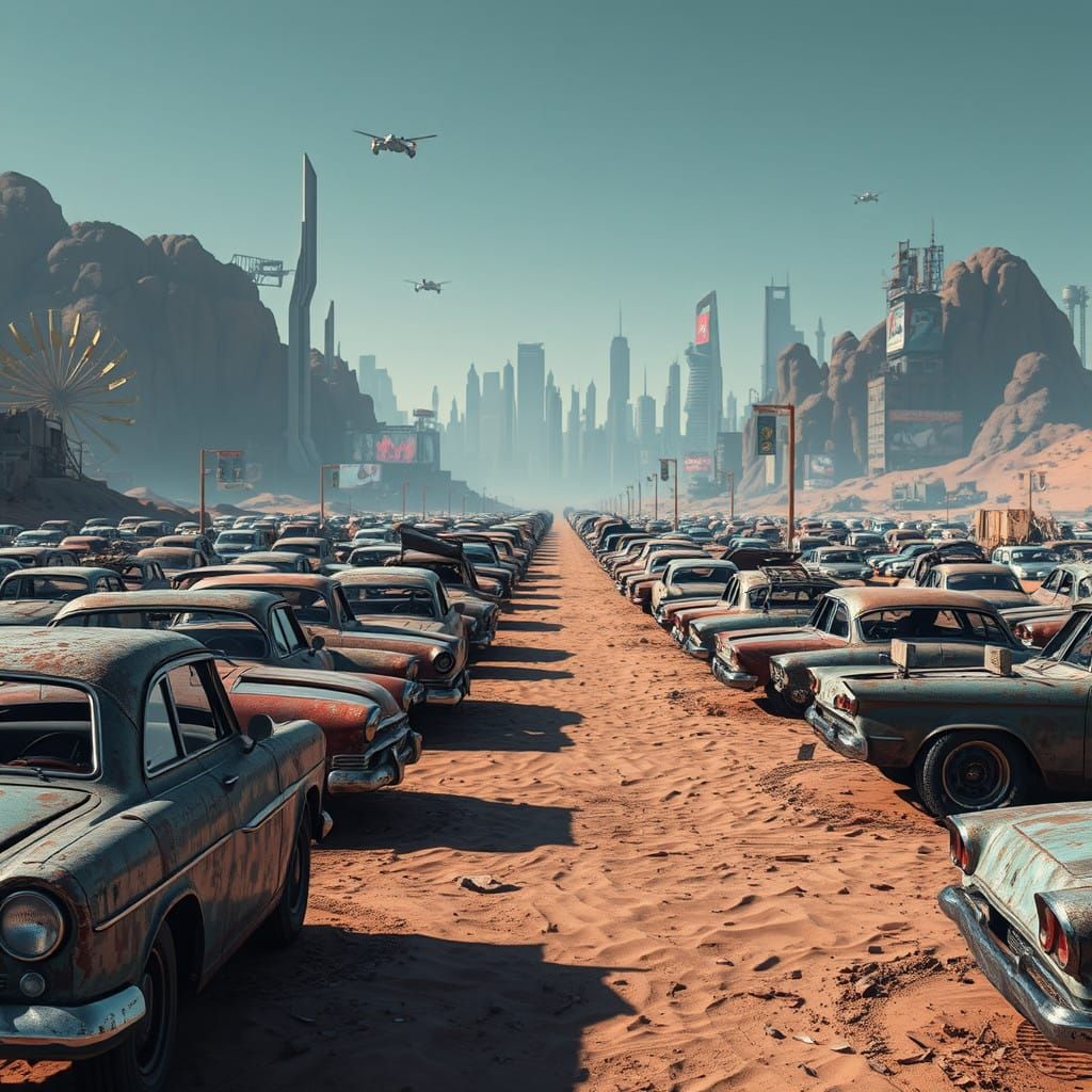 Cyberpunk Desert Graveyard with Vintage Cars and Futuristic....