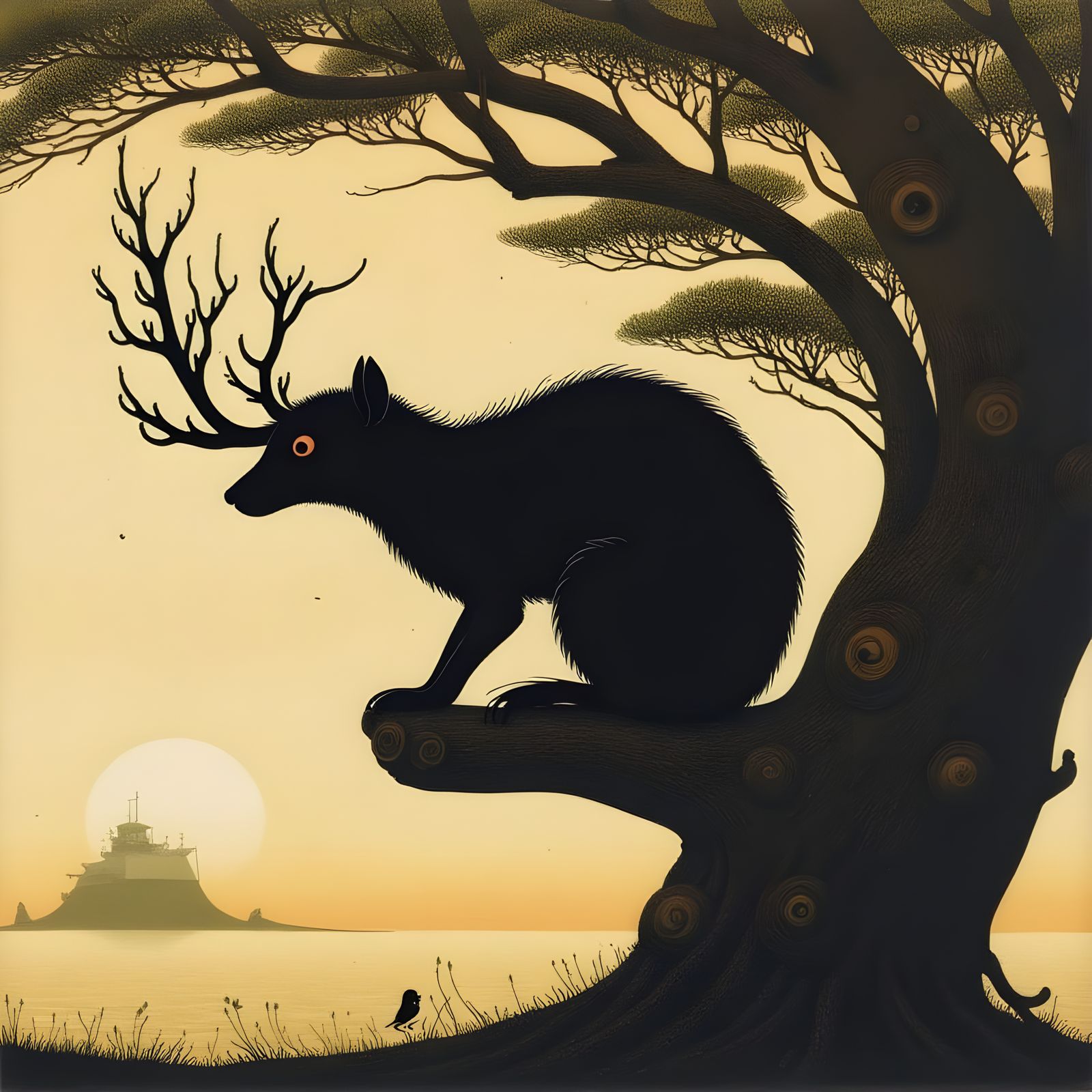 Surreal Japanese Woodland Fox Spirit Rises with the Sun