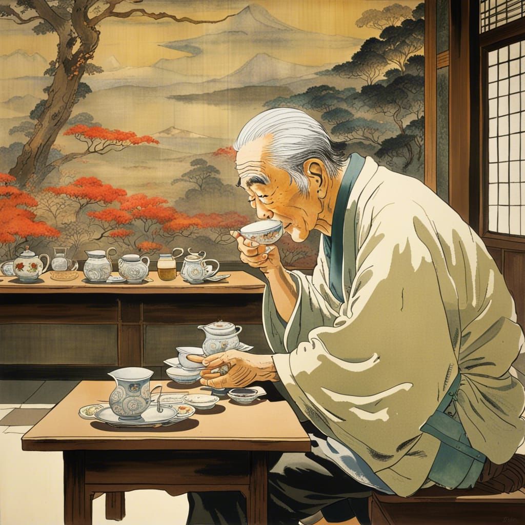 Japanese Man Sipping Tea in Yoshitaka Amano Style
