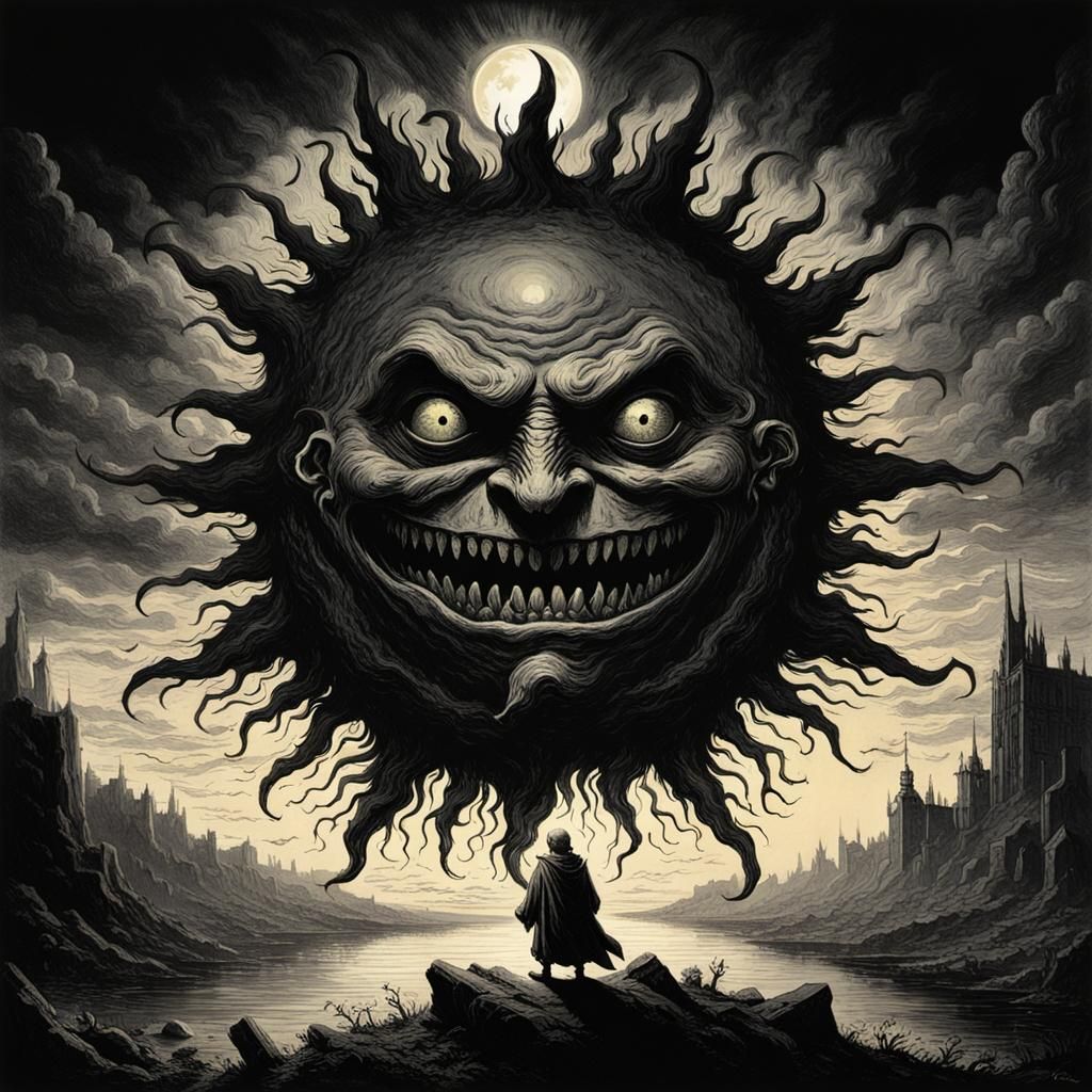 Evil Grinning Sun in Gothic Horror Style