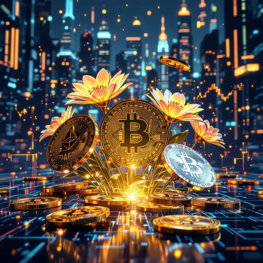 Cryptocurrency Coins Bloom in Cyberpunk Cityscape