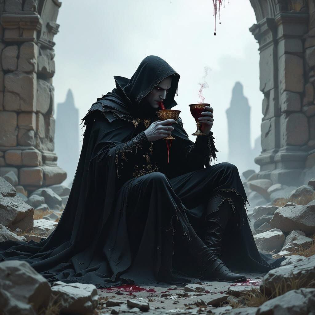 Vampire in Ruins Drinking Blood: Dark Digital Art