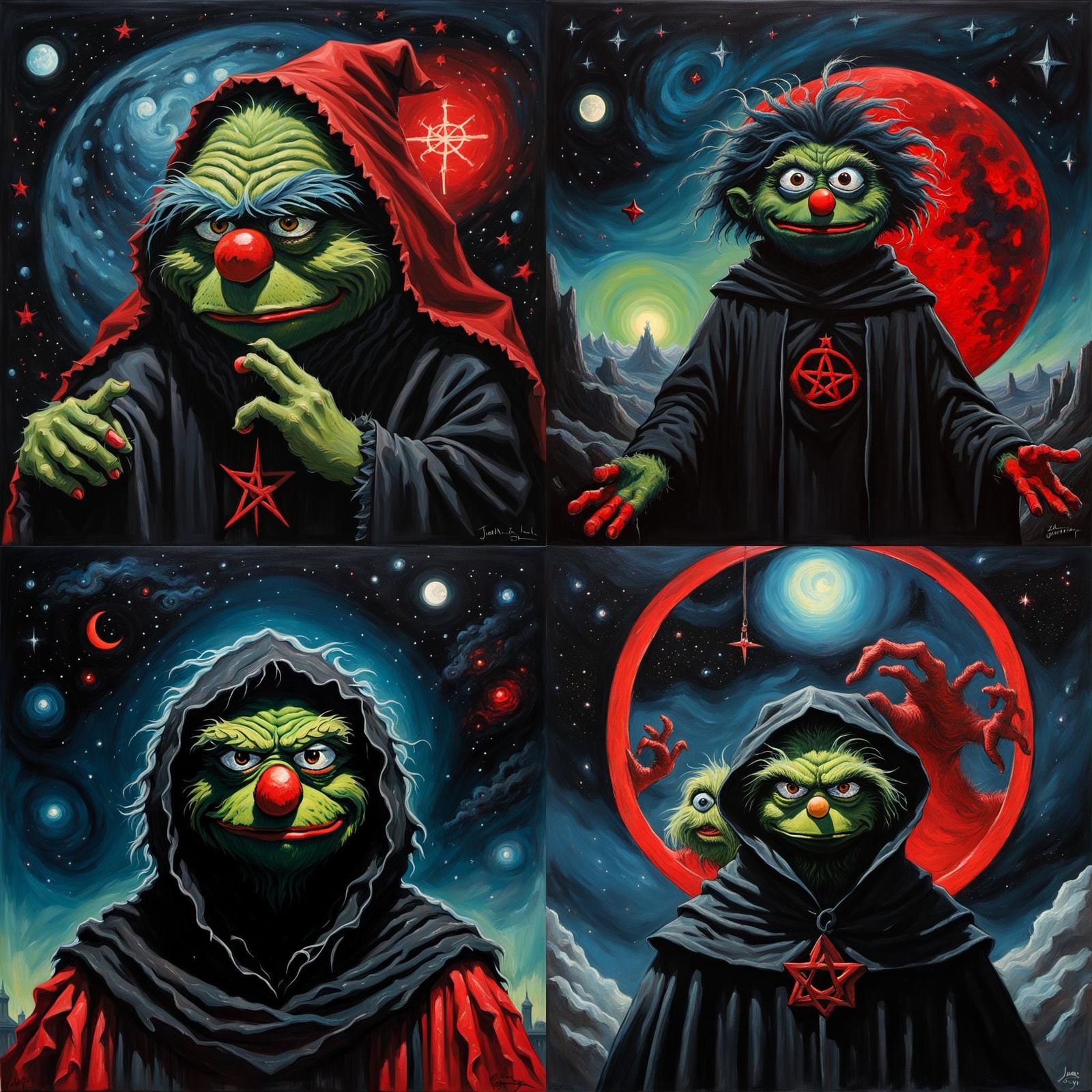 Demonic Bioluminescent Muppet in Black Pentagram Cloak