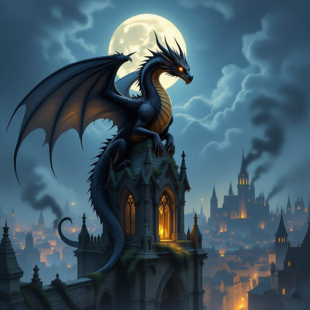 Ancient Dragon on Gothic Cathedral Spire at Night
