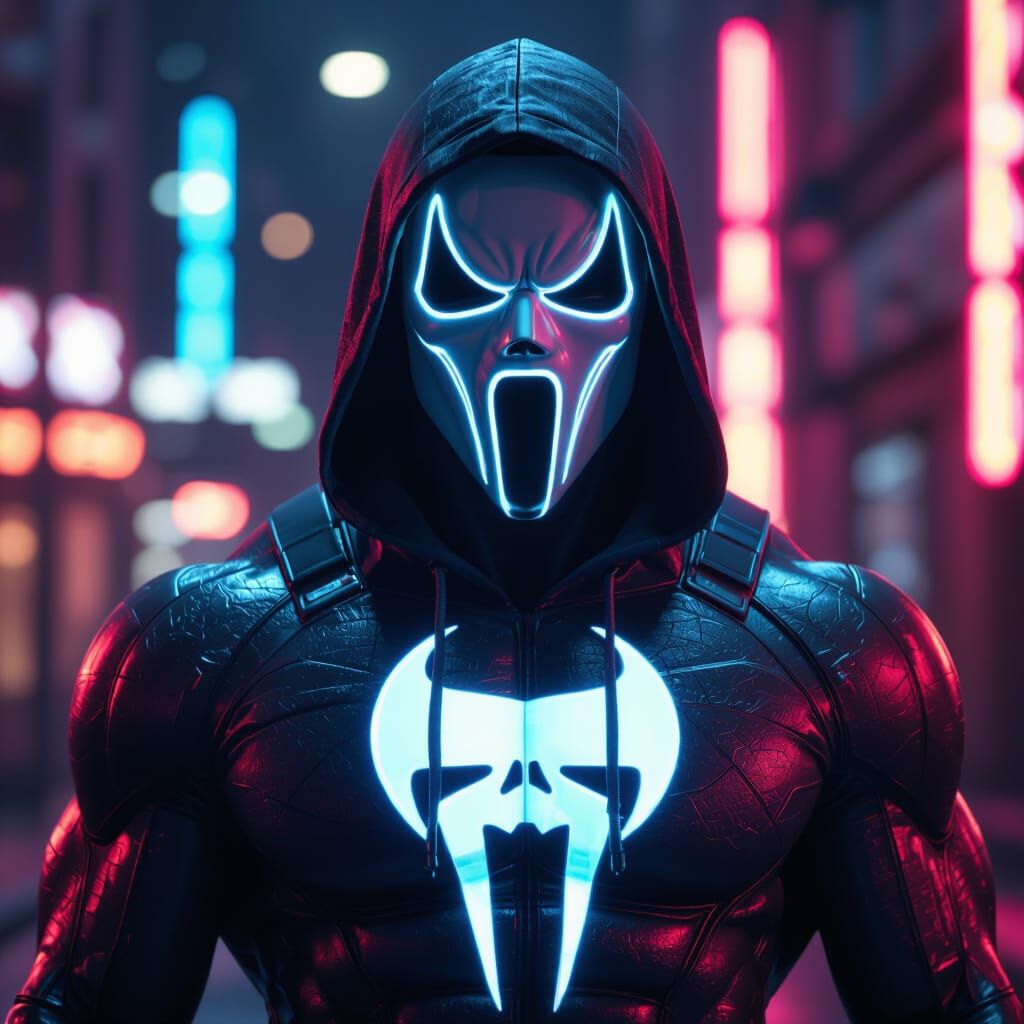 Cyberpunk Superhero in Ghostface Hoodie Mask