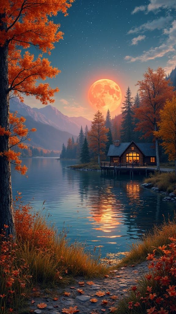 Autumn Valley Lake Under Harvest Moon