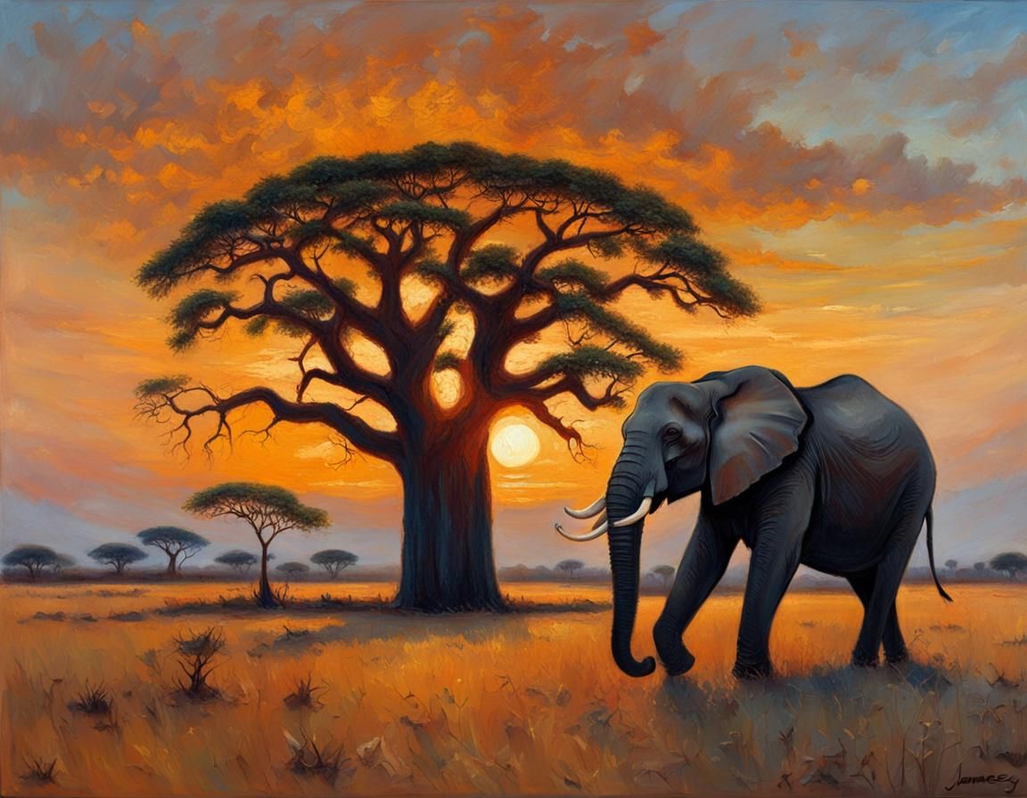 African Sunset with Baobab Tree, Oil Painting