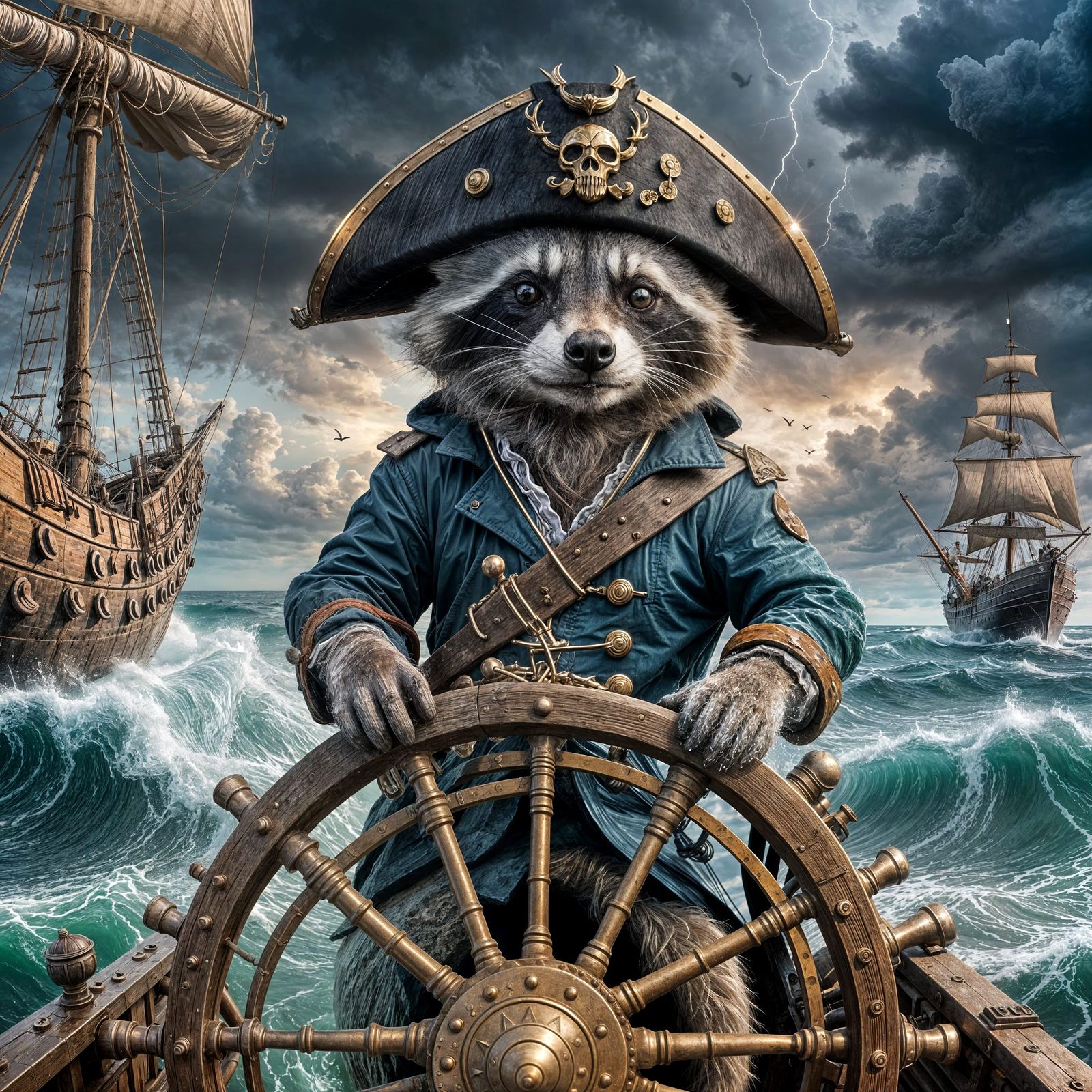 Raccoon Pirate Captain at Ship's Helm