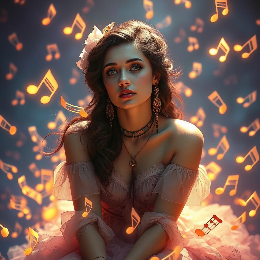 Dreamlike Portrait: Woman on Flying Music Notes