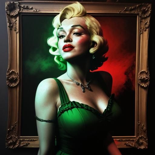 stunning Celtic extremely old Marilyn Monroe. Chiaroscuro. Red mood, green mist