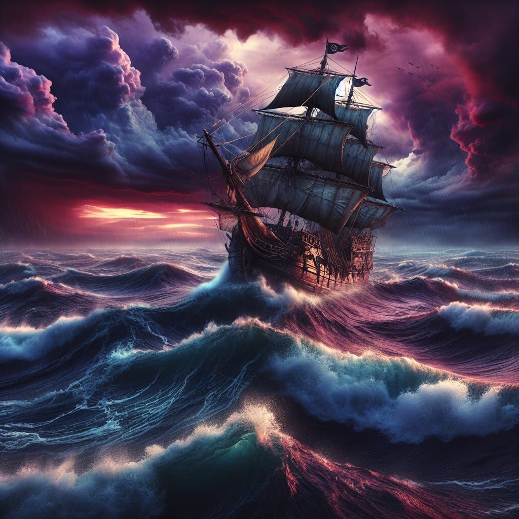 Vintage Pirate Ship Sailing Through Stormy Seas