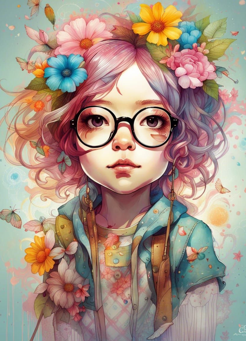 Adorable Hipster Panda Portrait with Flowery Background