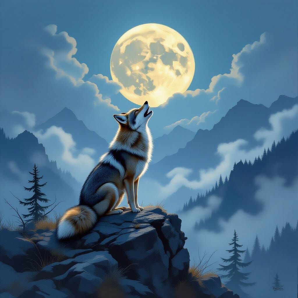 Coyote Howling on Misty Mountain Ridge Under Full Moon